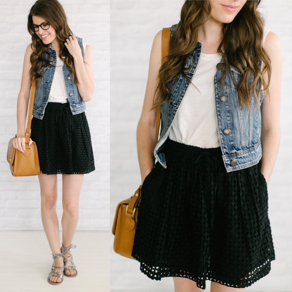 Madewell Black‎ Eyelet Mini Skirt Size XS Bayfront Style A1619 Minimalist Mini